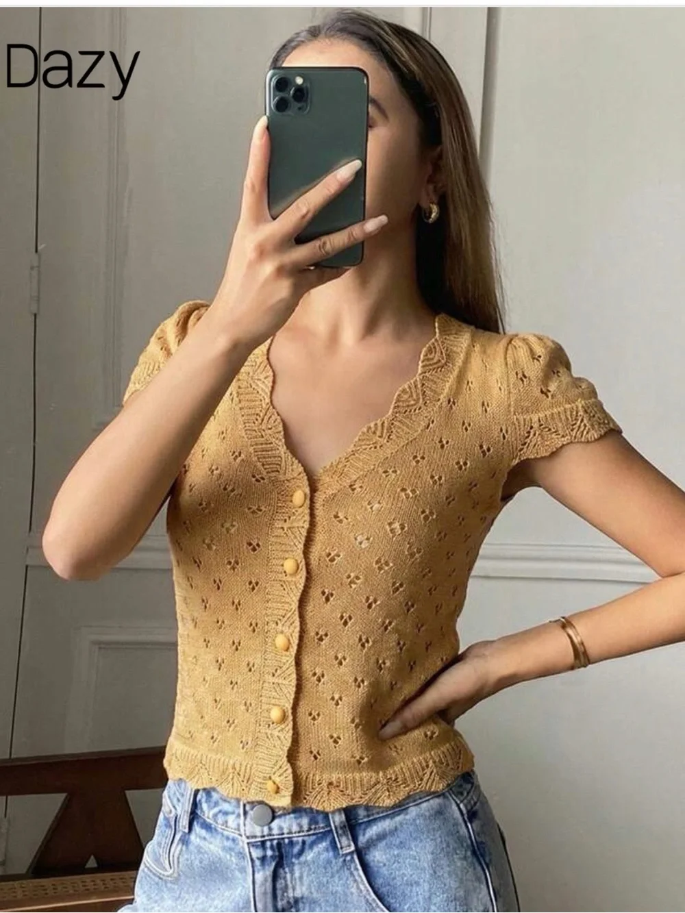 New small Dazy knit Button Front Short Sleeve  sweater cardigan v neck Top gold
